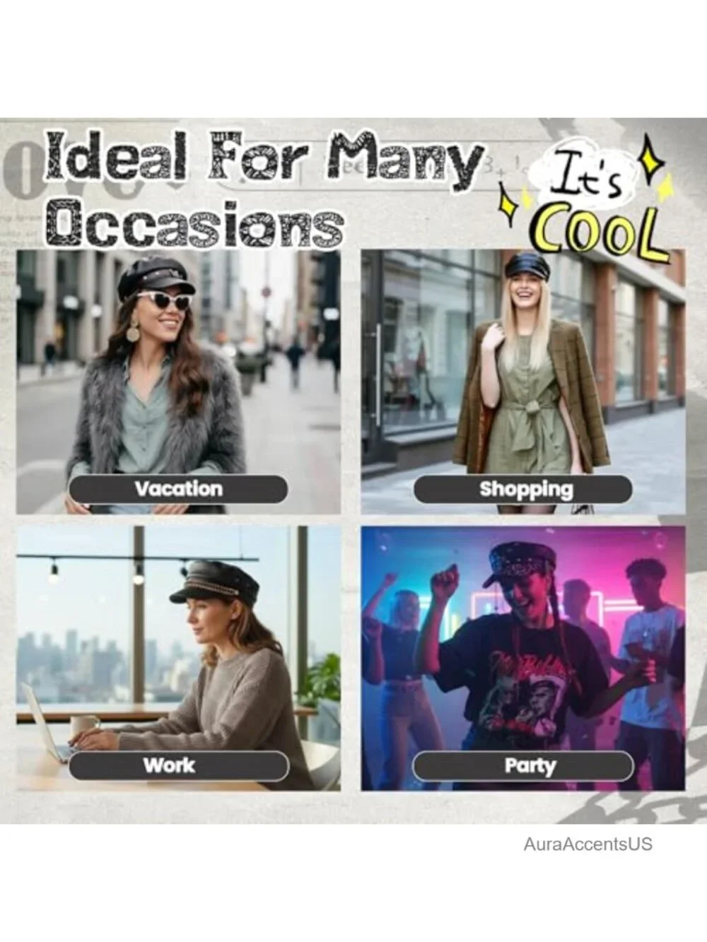 PU Leather Newsboy Cap Flat Top Punk Rock Y2K Hat